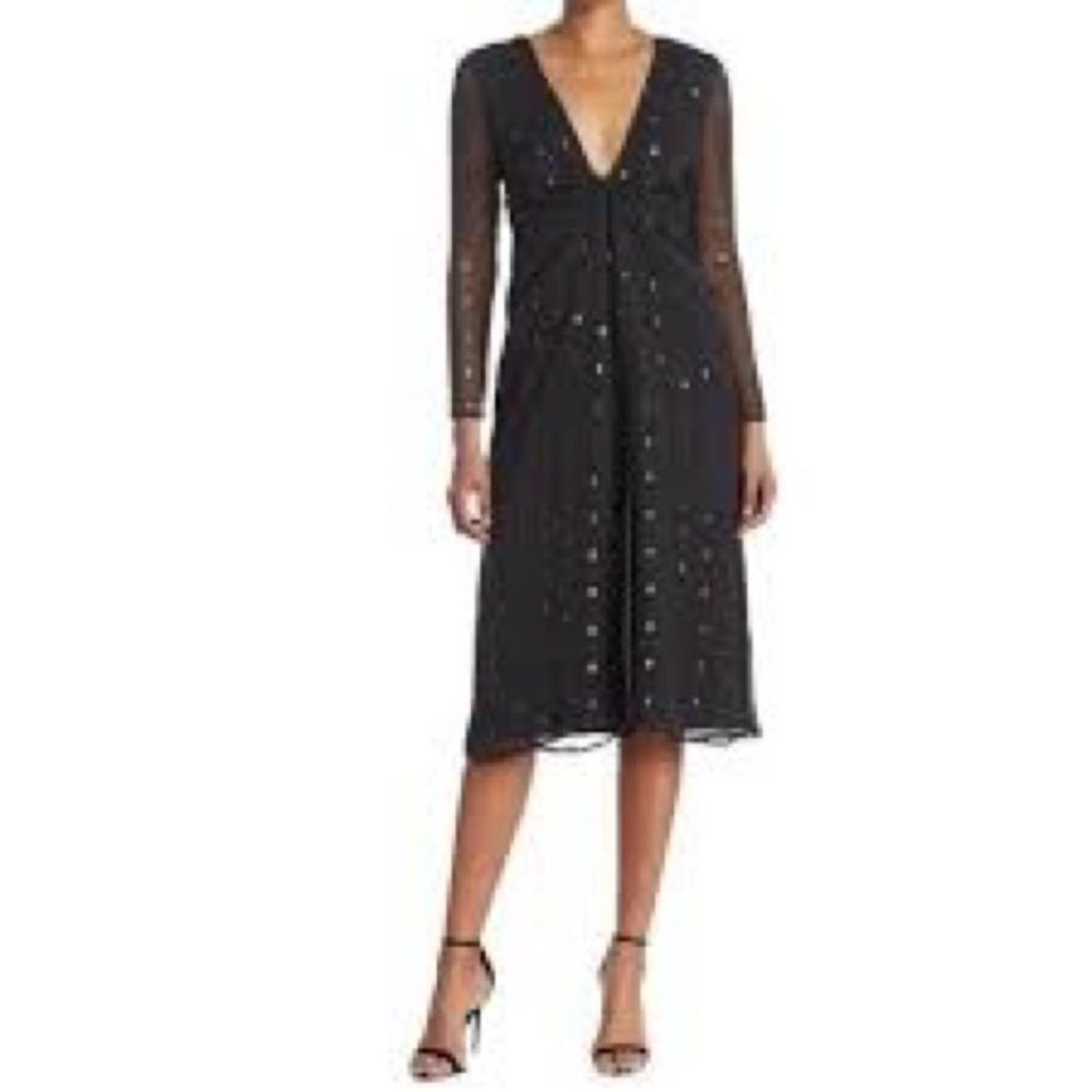 New Nordstrom NSR sheer black‎ dot midi dress L